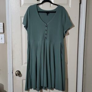 Torrid Mini Rib Soft Button-Down Skater Dress. Agave Olive Green. V-Neck. 3X.